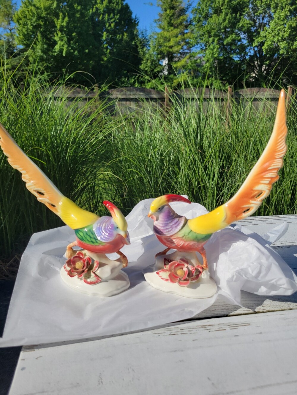 Lefton Golden Pheasant Pair Vintage Colorful Cottage Birds w/Repair
